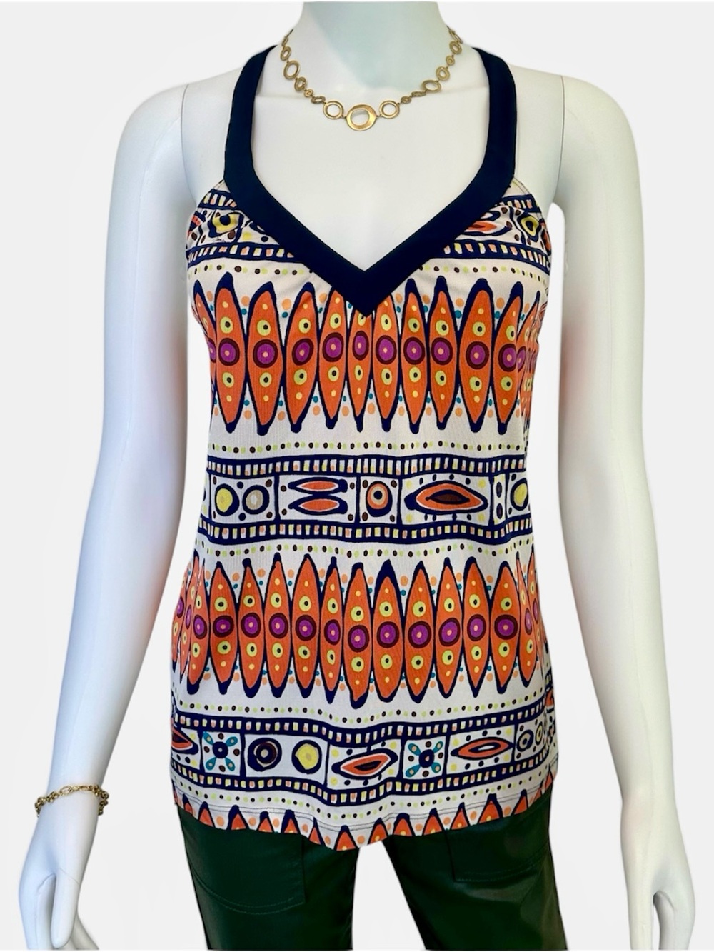 Trina Turk V-Neck Sleeveless Racerback - Tribal Maximalist -Medium -100% Silk